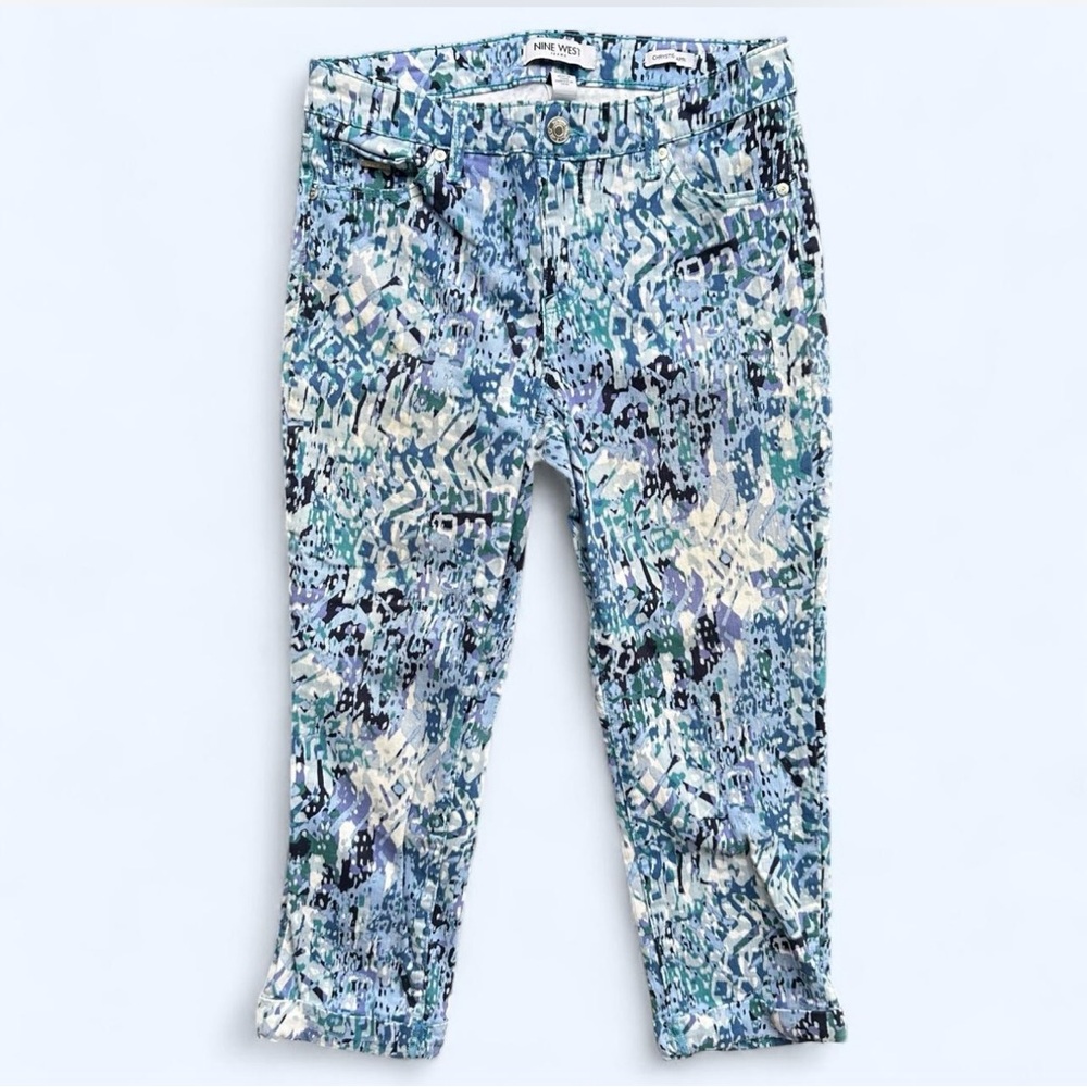 Nine West Denim Abstract Cuffed Chrystie Capri in Blue/White Size 4